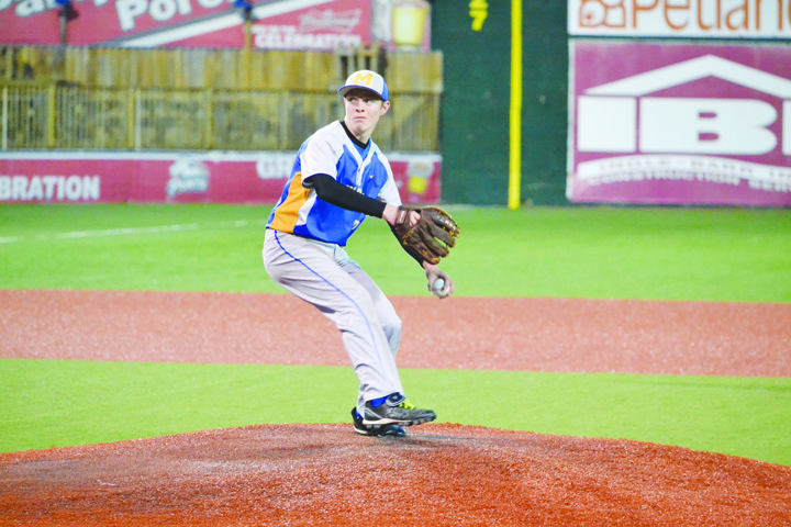 Manchester senior southpaw Rickey DeAtley, in his final game as a Greyhound threw 3 2/3 innings in relief as the Hounds saw their 2016 season come to an end with a 10-6 defeat to the Belpre Golden Eagles in a game played at VA Memorial Stadium in Chillicothe. Manchester ended the season with a record of six wins and 10 losses. Photo by Mark Carpenter.