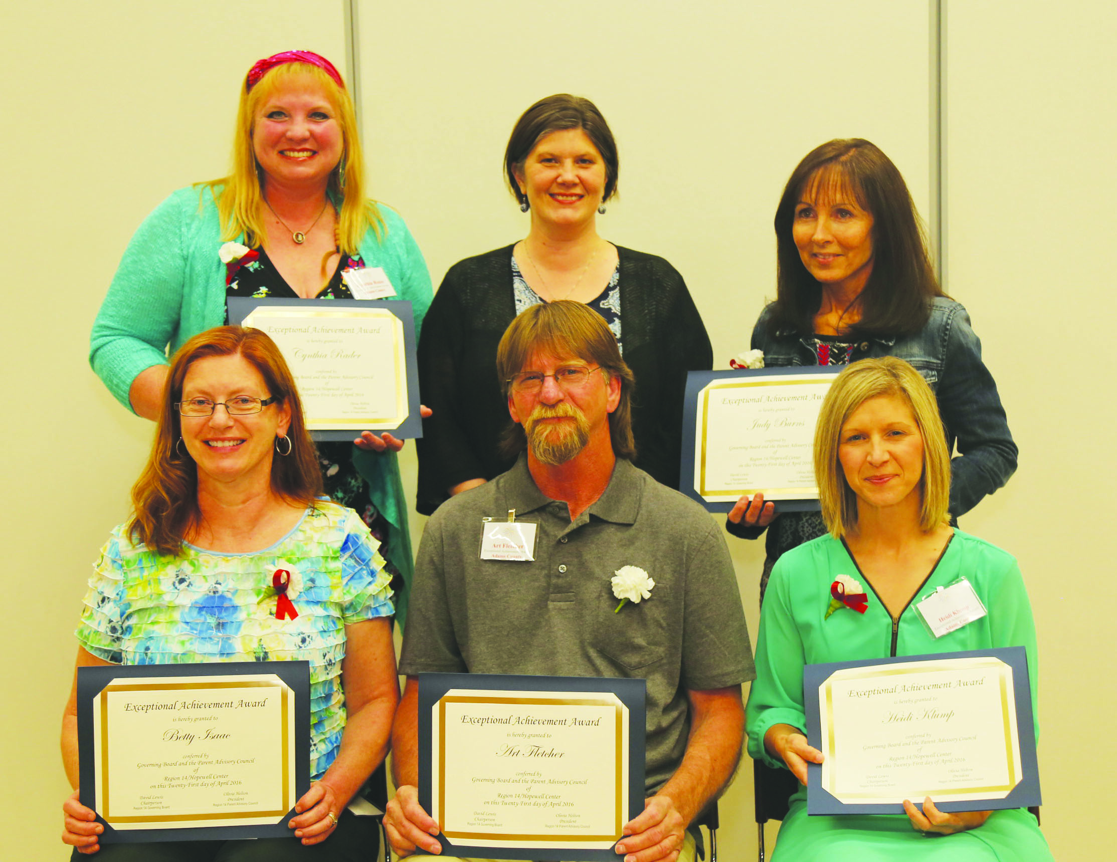 Front Row, from left, Betty Isaac; Art Fletcher and Heidi Klump; Back Row, from left, Cynthia Rader; Kelly Churchwright, Office of Exceptional Children; and Judy Burns.