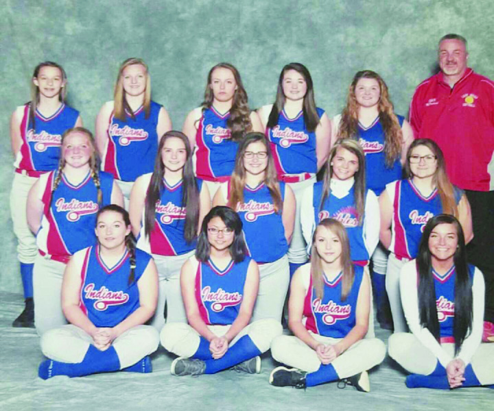 The 2016 Peebles Lady Indians JV softball team: Front row, from left, Nicole Burns, Tasia Smith, Rebecca Kinnett, and Mackenzie Jordan; Middle row, from left, Skylar Renchen, Johna Dunigan, Francis Rogers, Courtney Spires, and Amber Chapman; Back row, from left, Abbey Smart, Star Robinson, Mackenzee Farahay, Cheyann Meyer, Gabby Houchen, and Lady Indians Varsity coach Doug McFarland. Provided photo.