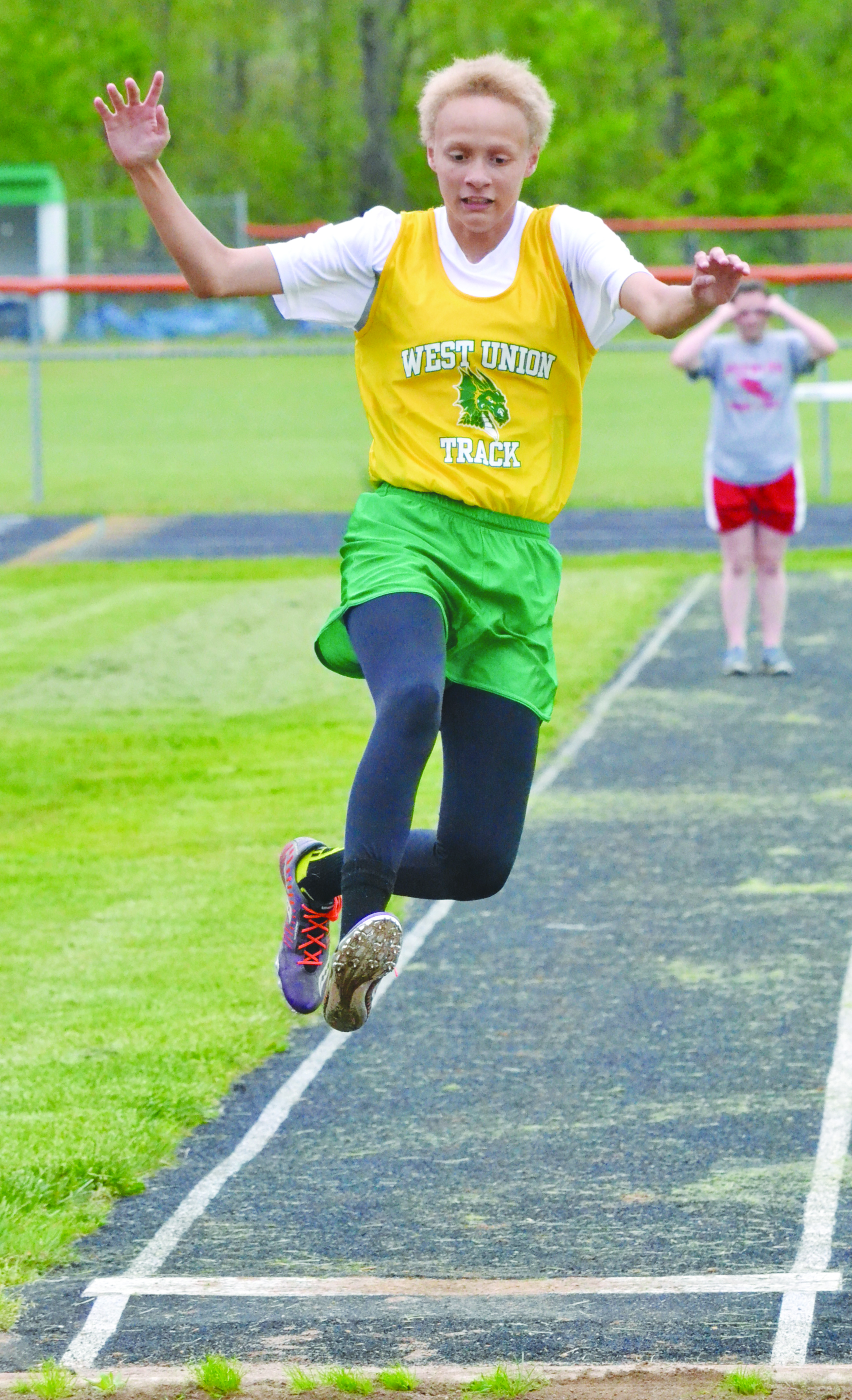 West Union’s Jaisyra White placed fifth in the Girls Long Jump event at the SHAC Junior High Meet, with her best jump being 11’11.75”. Photo by Mark Carpenter.