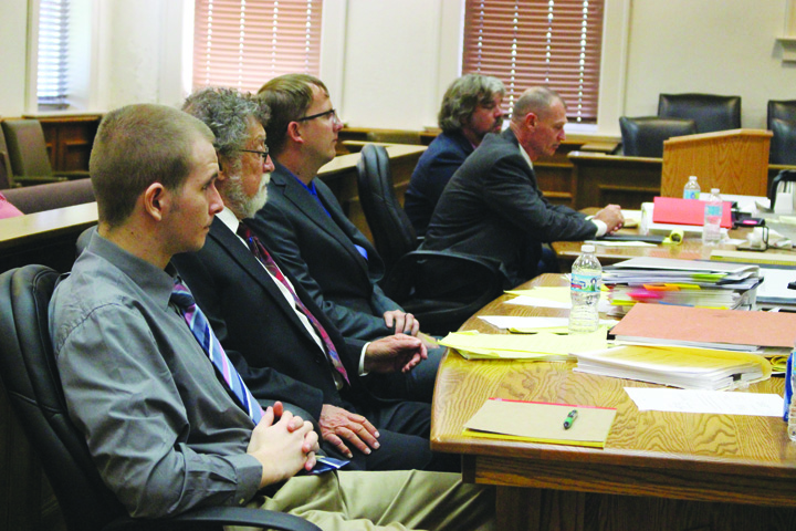 Defendant Denny Blanton,Jr., foreground, listens to testimony during his trial on rape and kidnapping charges this week at the Adams County Courthouse. Also pictured, from left, are defense attorneys Mike Kelly and Tyler Cantrell, Adams County Prosecutor David Kelley, and Adams County Assistant Prosecutor Kris Blanton.