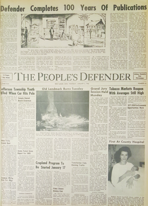 The Jan. 6, 1966 issue of The People’s Defender announced the 100th birthday of the newspaper.