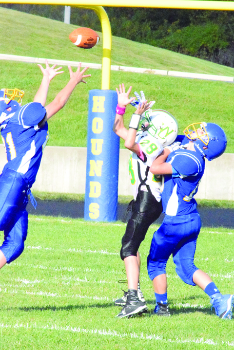You may not tell by looking, but this pass was actually intended for a Manchester receiver, but broken up by West Union’s Ashton Barr during action from last week’s Defender Bowl.