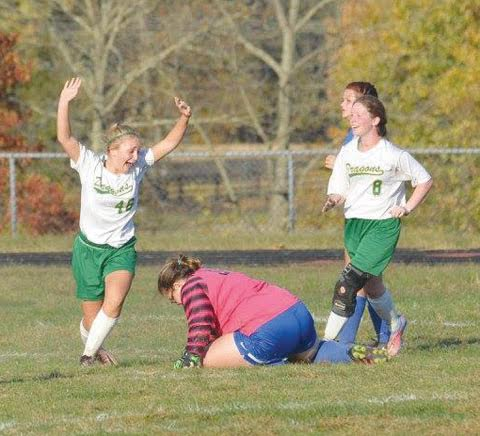 West Union’s Emilee Davis celebrates her goal that gave the Lady Dragons a 1-0 win over Northwest, the first tournament win in girls’ soccer in WUHS history.
