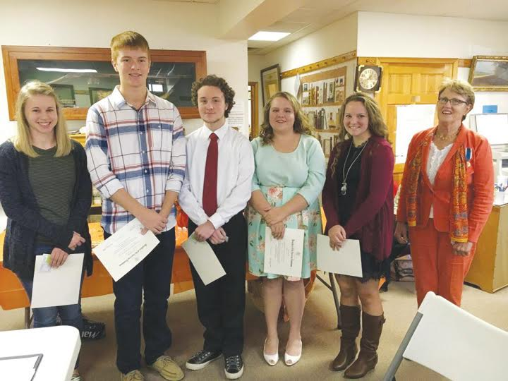 Pictured here are the 2016 recipients of the DAR Good Citizen Award. From left, Olivia Jean Daniels (Adams County Christian School), Ryan Dryden (Manchester High School), John Michael Farrell (North Adams High School), Katie Cora (Peebles High School), Shannon Runyan (West Union High School), and Gayla Fritzhand, DAR Chair of the program and member of the Sycamore Chapter, NSDAR.