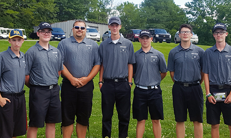 Pictured above are the North Adams High School golfers who participated in the Aug. 8 McClain Invitational, where the Green Devils placed second. From left, Carson Hall, Nick Fish,Coach Ammon Mitchell, Colt Shumaker, Bryant Lung, Uriah Hall,and Noah Lung.