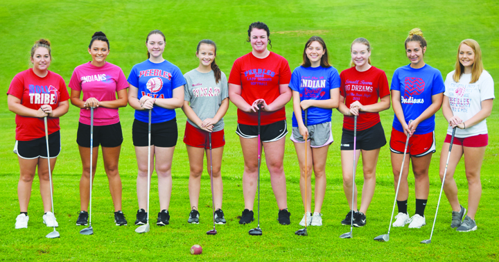 The 2017 Peebles girls golf squad, from left, Nicole Burns, Jessica Newman, Shay Boldman, Jasmine Francis, Katie Setty, Sarah Laxton, Brooklyn Cluxton, Tessa Gaffin, and Holly Niswander. Absent from the photo was Anna McElwee.