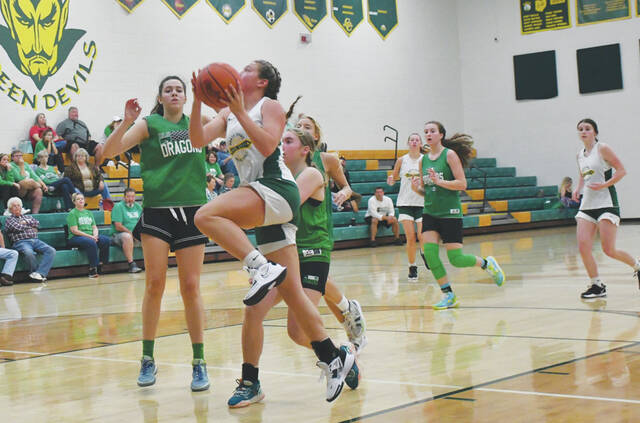 The North Adams Lady Devils were in scrimmage action on Saturday, November 5, hosting the Fairland Lady Dragons. The Lady Devils will be on the court at Manchester High School this Friday at 8 p.m., facing Fayetteville in the Southern Hills Athletic Conference Preview. (Photo by Mark Carpenter)