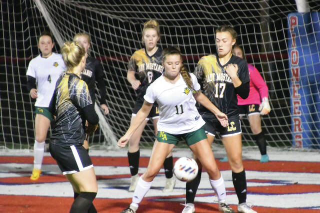North Adams Hunter Grooms battles for possession in front of the net in action from the Lady Devils loss to Lynchburg in the Division III regional semi-finals. (Photo by Mark Carpenter)