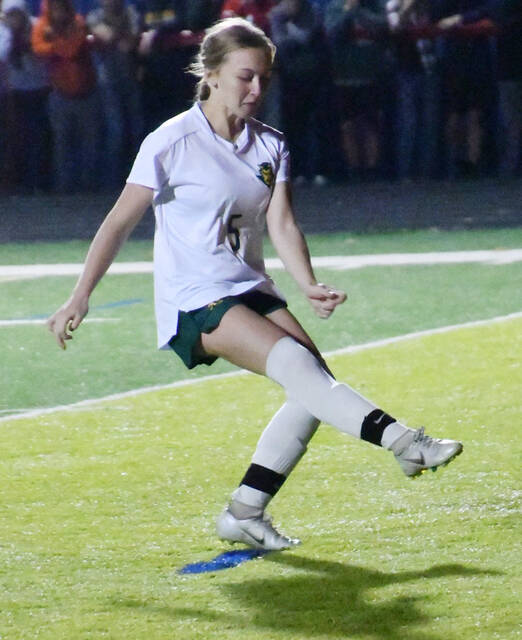 In the penalty kick phase of the regional semi-final, the only successful kick for North Adams came here off the foot of junior Kenlie Jones. (Photo by Mark Carpenter)