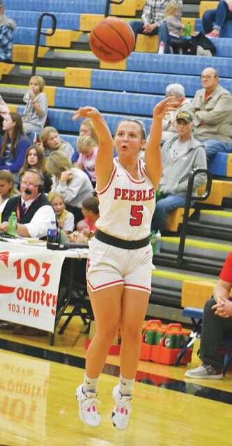 Peebles Lydia Maddox fires off a three-point attempt as the Lady Indians battled Lynchburg in the nightcap of last Fridays SHAC Girls Preview. (Photo by Mark Carpenter)