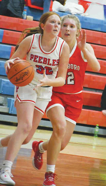 129129147_web1_Smalley
Peebles Abigail Smalley drives the baseline in action from the Lady Indians November 21 win over Hillsboro. Smalley scored 10 points in the win, one of four Lady Indians in double figures. (Photo by Mark Carpenter)
