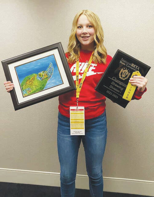 Pictured are Kaitlyn Schumachers sculpture that won Best of Show and Alanna Mays with the awards for her Division One Painting and her Group Talent Dance Team. (Photos provided)