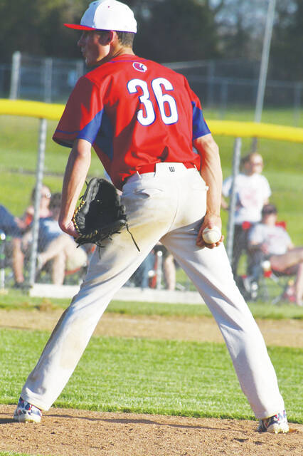 Bradley Shoemaker was the winning pitcher in relief as the Peebles Indians came from behind to down the Manchester Greyhounds 6-5 in a May 2 SHAC battle. (Photo by Mark Carpenter)