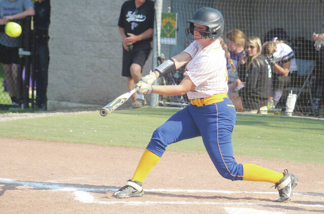 Senior first baseman Kameyl Carter went 2 for 3 with a run-scoring triple in the Manchester 6-3 district semi-final win over the Miller Lady Falcons. (Photo by Paul Boggs/Portsmouth Daily Times)