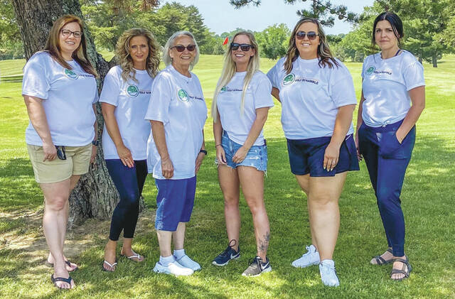 Adams CountyChamber of Commerce staff on hand for the June 3 scramble were, from left, Amy Vogler from Southern Hills Community Bank, Charissa Gardner from Ohio State University, Debora Plymail from Ohio Means Jobs, Shannon Mack from Adams County Home Care, Victoria Hicks from Adams County Chamber of Commerce and Maria Daniels from Reset Business Consulting.