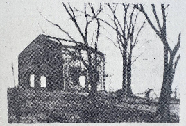 Shown is a view of the old Robert Morrison home which stood near Eckmansville. This view was taken about 1915 when the Structure was in ruins. It remained in the Morrison family until 1918. The landmark was torn down that same year by the new owner.