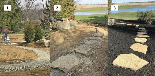130169427_web1_Stone-Path-3-Step
1. Make a solid footer with compacted gravel. 2 Set stones on a bed of pea gravel, level with each other. 3. Finished path, with mulch around and between the stones.