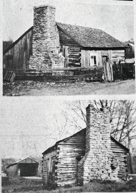 Pictured is the ca. 1806 log home of Samuel and Patsey Wright as it appeared in the 1920s. Courtesy Patrick Duffey of Lebanon, Ohio. Also shown is another view of this old home taken in the Winter of 1973 just months before the structure burned. It was located beside the Harshaville Pike just north of the Harshaville Covered Bridge.