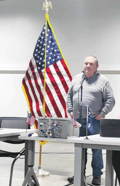 <p>Sheriff Candidate Shawn Cooley addresses Adams County voters. (Photo by Sherry Larson)</p>