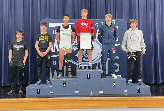 West Union junior Ethan Cantrell, third from left, will be making his third trip to the district wrestling competition after placing second in last weekends sectional action. (Photo provided)