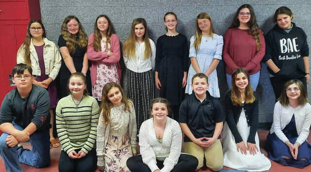 <p>Peebles Elementary participants in the Honor Band included: Back row, from left, Gemma Wilson, Bayleigh Sims, Lily Smalley, Harper King, Dayla Vogler, Addison Heddleston, Elizabeth Boldman and Bethany Carter; Front row, from l;eft, Hunter Lambert, Annabelle Wallace, Lyla McCleese, Serenity Beckwith, Isaac Chamblin, Bella Skaggs, and Abby Shay.</p>