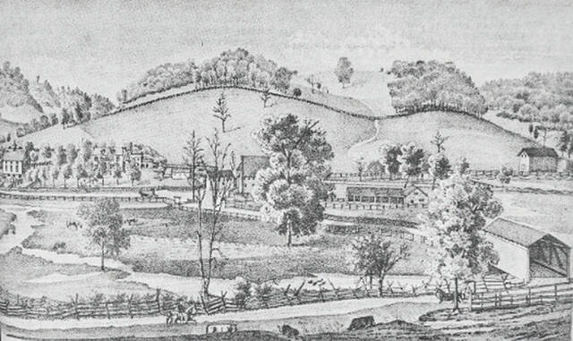 130509047_web1_Archives4-10-24
Shown is a panoramic view of Sharondale Farm as sketched in 1876 for the Brown County Atlas. This scene is viewed as if the observer is on Zanes Trace looking west. The Sharondale Mill is in dead center of the picture and its partially obscured by trees. The fine brick home erected ca. 1860 by Titus Fulton is situated on the left, also obscured by trees. It and the cupola topped cattle barn beside it are still standing today. The little covered bridge on the far right spanned Big Three Mile Creek and was erected in 1868. It was removed by the state many years ago.