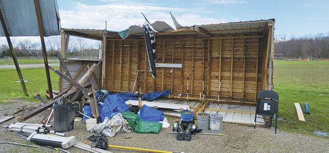 The press box at Freedom Field lies in shambles after last weeks tornado. (Photo by Mark Carpenter)