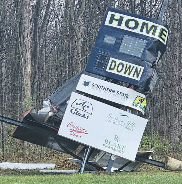 The Freedom Field scoreboard suffered extensive damage from the April 2 storms that struck Adams County. (Photo by Mark Carpenter)