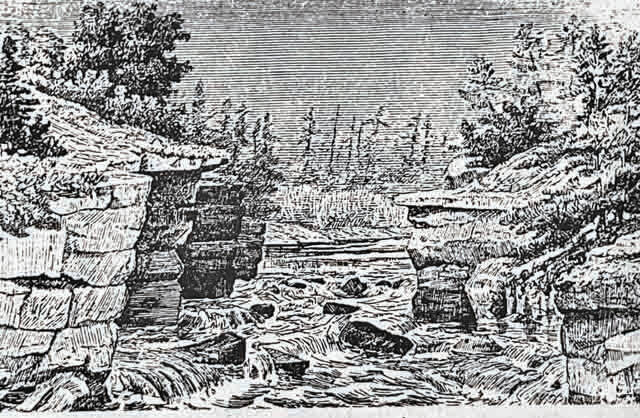130572302_web1_Archives5-1-24
Shown is an old engraving showing the Cuyahoga River gorge where Samuel Brady made his famous leap. This scenic area was destroyed in 1840 upon the construction of the Ohio Canal.