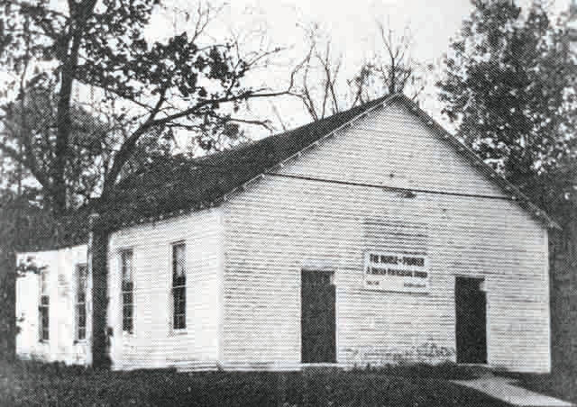 Shown is a contemporary view of the old Bradysville Methodist Episcopal Church. Erected in 1859, this and two small houses are the only remains of the little village today. Although the Methodists abandoned this old house of worship several years ago, it has been used in recent years by a Pentecostal congregation.