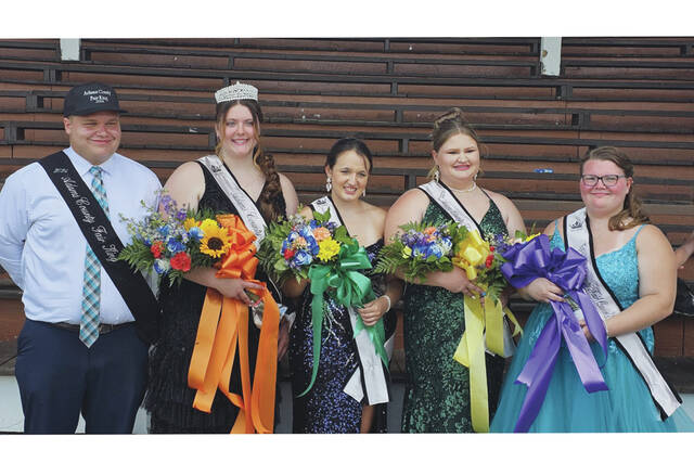 130741718_web1_KingsQueens
On Saturday afternoon after the grand parade, the Junior Fair Royalty for the 2024 Adams County Fair was selected. From left, 2024 Junior Fair King Mitchell Ohnewehr, 2024 Junior Fair Queen Annymae Cluxton, First Runner-Up Antoinette Grimes, Second Runner-Up Hailey Brannock and Third Runner-Up Luvinnia Rhoads. (Photo by Mark Carpenter)