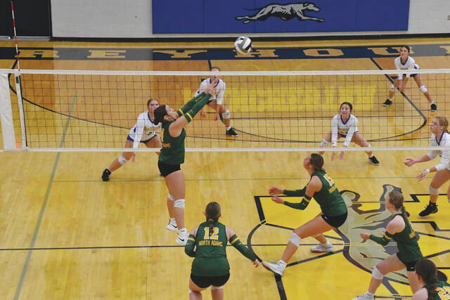 130889011_web1_NA-MHSVolleyball
The North Adams Lady Devils and Manchester Lady Greyhounds battled on September 5 at the Hound Pound with the Lady Devils prevailing in three sets. (Photo by Mark Carpenter)