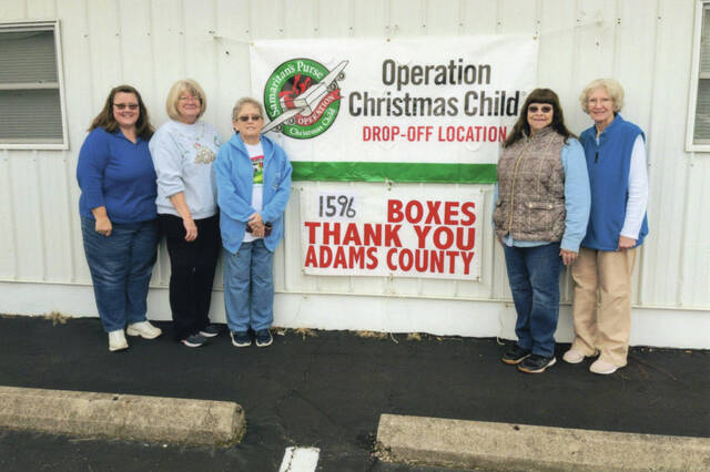 131107924_web1_ChristmasChild
From left, Angela Horvath, Brenda Calvert, Sara Lewis, Marjorie Swearingen and Bobbie Downing, members of the Adams County collection center team. (Photo provided)
<i data-olk-copy-source="MessageBody"></em>