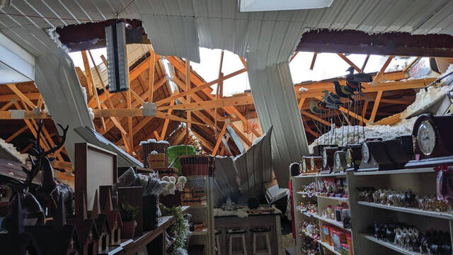 131211682_web1_Miller-1
A view of the collapsed roof from inside Millers Funiture on Wheat Ridge from Tuesday, January 7. The snow dumped by Winter Storm Blair January 5-6 caused the collapse at the popular local furniture store. (Photo courtesy of Kristina Miller)