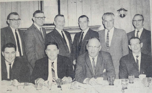 131414489_web1_Archive4-9
Pictured above are the guests who attended the Adams County Regional Planning Commissions meeting Monday night at the Olde Wayside Inn. They are, left to right, seated, Pete Smith, distributor for Cessna Aircraft; Norman Crabtree, Director of Ohio Division of Aviation; Gerald Chambers, Engineer in charge of design of county airports and Ernie Webb, State Division of Aviation.