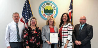 
			
				                                The Adams County Board of Commissioners signed a declaration acknowledging Southern State Community College (SSCC) for it’s 50 years of excellence in higher education. From left, Commissioner Kelly Jones, SSCC Board Member Rachel Cummings, SSCC President Nicole Roades, Commissioner Barbara Moore and Commssioner Jason Hayslip. (Photo by Ryan Applegate)
 
			
		