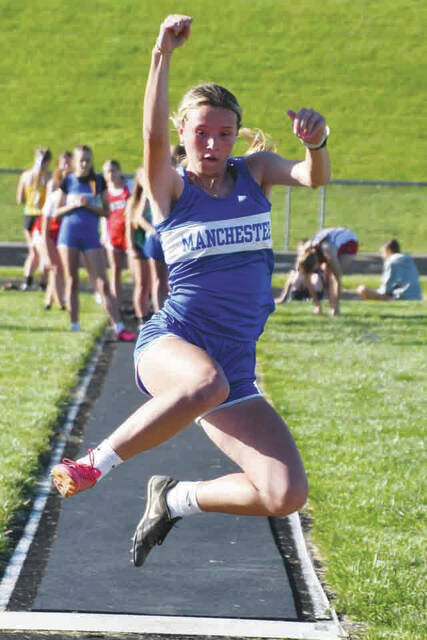 131504553_web1_Rideout
Manchester eighth grader Hayden Rideout is the 2025 Southern Hills Athletic Conference champion in three events- Long Jump (shown above), the 100M Dash and the 200M Dash. (Photo by Mark Carpenter)