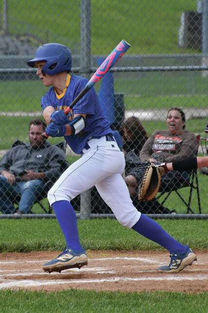 In the Greyhounds 11-2 loss to Huntington in district tournament play, Manchester junior second baseman Traevyn Hilderbrand went 1 for 4 and scored a run. (Photo by Mark Carpenter)