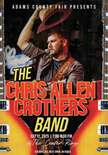 131614545_web1_Crothers
From Peebles, the Chris Allen Crothers Band will entertain fairgoers on July 12. (Photo courtesy of the Adams County Fair Facebook Page)