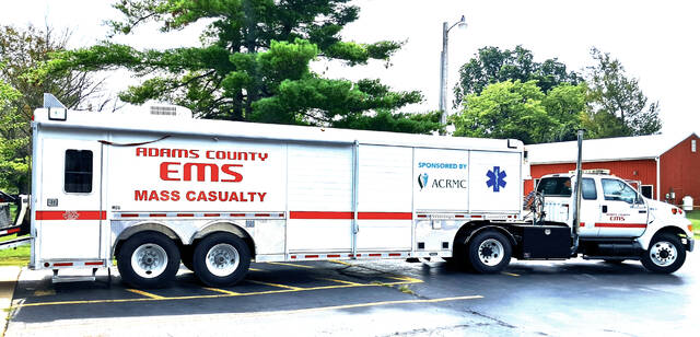 131690403_web1_Mass-Casualty-Unit
The new Adams County EMS mass casualty unit, acquired through a federal grant and re-lettered with support from Adams County Regional Medical Center, is equipped to treat up to 100 patients during large-scale emergencies and can serve as a mobile command or dispatch center. (Photo by Ryan Applegate)