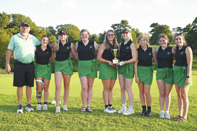 131765480_web1_WUGirlsGolf
With a total team score of 185, the West Union Dragons repeated as team champions in the 2025 Girls County Cup competition. From left, Assistant Coach Carl Schneider, Raeghan Rothwell, Piper Stapleton, Geneva DeMint, Nina McCann, Emmy Stapleton, Kelsey Mack, Payton Grooms and Head Coach Marci Nehus. Alyssa Smalley, Emmy Holt, Raeghan Rothwell, Piper Stapleton, Geneva DeMint, Brooklyn Mahan(Photo by Tim Daulton)