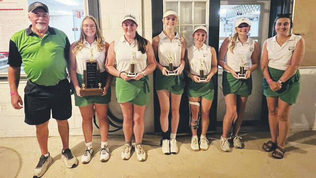 131795160_web1_WUHSGirls-SHAC
For the second consecutive season, the West Union Lady Dragons are the chacmpions of the Southern Hills Athletic Conference Girls Golf Tournament. From left, Assistant Coach Carl Schneider, Nina McCann, Geneva DeMint, Emmy Stapleton, Raeghan Rothwell, Piper Stapleton and head Coach Marci Nehus (Photo courtesy of the Southern Hills Athletic Conference)