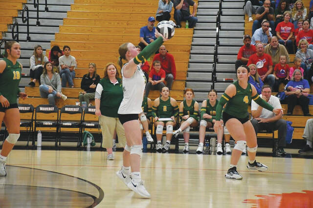 <p>North Adams junior libero Morgan Wheeler makes a return in action from the Lady Devils’ loss to Zane Trace in the Division V district semifinals.(Photo by Mark Carpenter)</p>