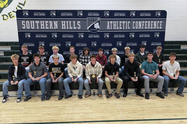 <p>The 2025 All-Southern Hills Athletic Conference Boys Soccer Team. Front row, from left: Preston Call, North Adams; Keegan Craycraft, Fayetteville; Elam Faust, Lynchburg-Clay; Conner Gross, Peebles; Beau Hesler, North Adams; Ryder Luncan, Fayetteville; Quentin McIntosh, Fairfield; Brylee Mills, West Union; and Dalton Pence, North Adams; Back row, from left: Chase Pinkerton, Eastern; Sam Ramer, Eastern; Jaydon Reckers, North Adams; Jayse Riggs, Eastern; Tyler Short, Fayetteville; Colyn Sims, Peebles; Aric Slack, Lynchburg-Clay; Quin Wells, Lynchburg-Clay; Christopher Wessner, Whiteoak; and Alex Williamson, Fayetteville. (Photo courtesy of the Southern Hills Athletic Conference)</p>