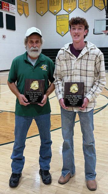 <p>The 2025 Boys Soccer Coach of the Year and Player of the Year in boys soccer both came from North Adams High School, From left, Kirk Bunn (COY) and Beau Hesler (POY). (Photo courtesy of the Southern Hills Athletic Conference)</p>