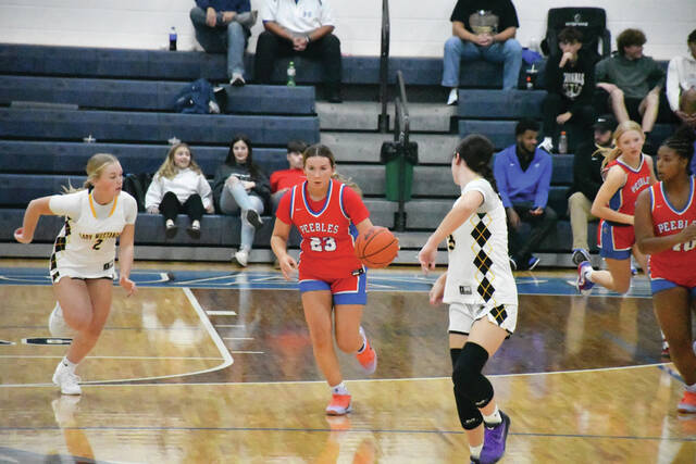 <p>Peebles’ Paysen Shively (23) pushes the ball up the court as the Lady Indians matched up with Lynchburg-Clay in the 2025-26 Southern Hills Athletic Conference Girls Preview. (Photo by Mark Carpenter)</p>
