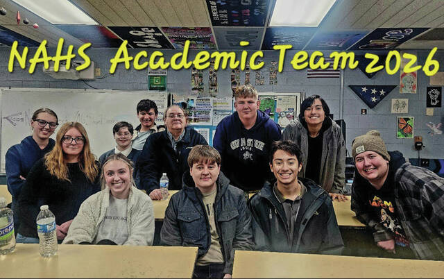 District Champion North Adams High School Academic Team: Front row, left to right, Kensley Mathias, Leeland Barry, Team Captain R2 Dunkin and Robbie McClellan. Back row, left to right, Alyssa McAdams, Ainsley Thompson, Caralyne Reed, Riley Morgan, Team Coach Darryl Porter, Eli Benge and Eros Dunkin. (Photo provided)