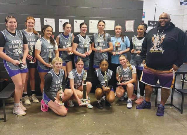 Front row, from left, Sydney Gearhart, Emily Burke, Karlee Coleman-Burns and Maddie Easter (Manchester); Back row, from left, Avery Gearhart, Whitney Utz, Jayla Haithcock, Lyrric Hanson (Manchester), Kenzie West, Hayden Rideout (Manchester), Hadley Hauke-Simmons, Karis Hudson and Coach Derrik Haithcock Sr. (Photo provided)