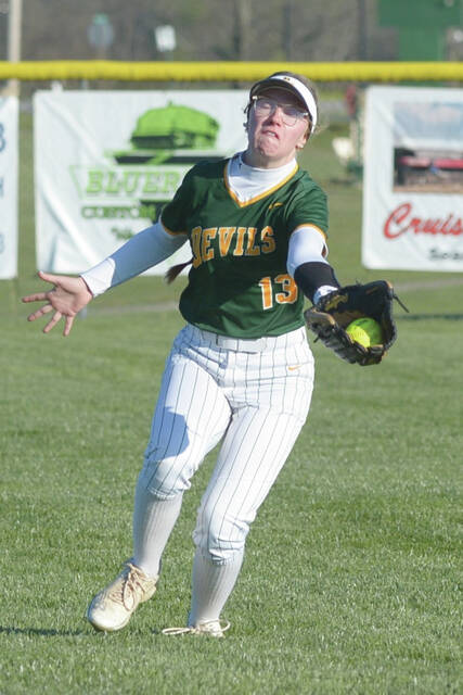 North Adams center fielder Lilly Parker runs down a fly ball in the Lady Devils 16-2 win over Ripley on April 7. (Photo by Tim Daulton)